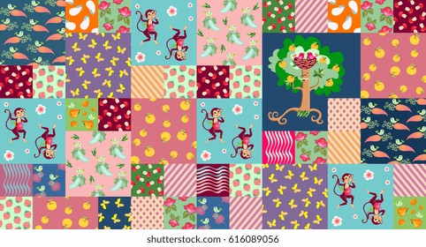 Patchwork pattern for baby. Beautiful monkeys, cheerful birds, cute apple tree and different vegetables. Vector illustration. Print for fabric, paper, wallpaper.