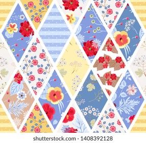 Patchwork pattern with beautiful floral  ornament. Seamless print for fabric, paper, wallpaper, blanket. 