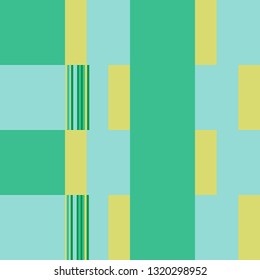 Patchwork Pattern. Blocks Background With Stripes. Vector Seamless Patchwork Pattern.  Green Rhythmic Layout With Rectangular Shapes. Abstract Geometric Background. Bauhaus Style Design. 