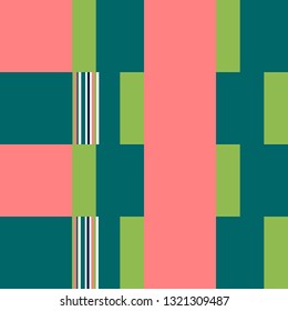 Patchwork Pattern. Blocks Background With Stripes. Green Vector Seamless Patchwork Pattern.  Rhythmic Structure With Rectangular Shapes. Abstract Geometric Background. Bauhaus Style Design. 