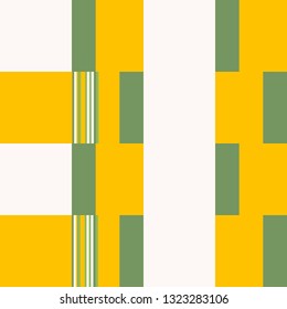 Patchwork Pattern. Blocks Background With Stripes. Yellow Rhythmic Structure With Rectangular Shapes. Vector Seamless Patchwork Pattern.  Abstract Geometric Background. Bauhaus Style Design. 