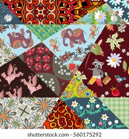 Patchwork pattern from bright patches with cute elephants, monkeys, cranes, raccoon and flowers. Vector illustration. Print for fabric, paper, wallpaper, wrapping design.