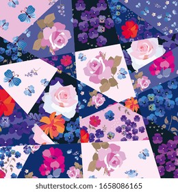 Patchwork Muster aus farbenfrohen Blumenmustern mit Blumen und Schmetterlingen. Vektorillustration.