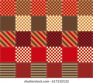 Patchwork pattern of colorful squares with simple geometric ornament in warm tones.