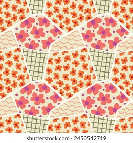 Patchwork pattern with colors, stripes and zigzags. Geometric shapes. For textiles, wrapping paper, postcards