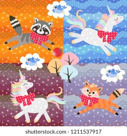 Patchwork pattern with cute cartoon animals: unicorns, raccoon, birds and little fox on polka dots patchs.