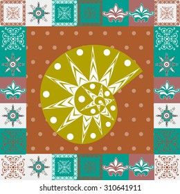  patchwork pattern from dark blue and light grey oriental ornaments, Indian style decorative rosette from stylized flowers and leaves.