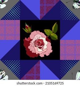 Patchwork pattern with dots, triangles, wavy lines, red rose, white decorative butterfly on blue and black background for fabric design, panel, blanket. Vintage boho style vector illustration.