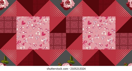 Patchwork pattern with dots, triangles, wavy lines red rose, outline hearts pink and dark red background for fabric design, bandana, bright postcard, blanket. Vintage boho style vector illustration