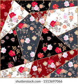 Patchwork pattern from fabrics with rose flowers. Quilt design for bandana print, cushion, rug.