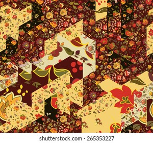 Patchwork pattern with flowers. Abstract creative seamless background. Vintage boho style