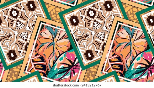 patchwork pattern with hand draw damask element and  tropical leafs motifs. patchwork style pattern for textil and decoration	