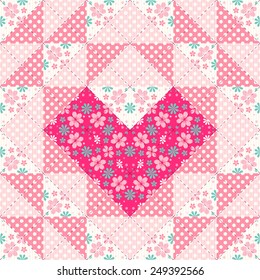 Patchwork pattern with heart and flowers in pink