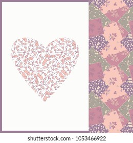 Patchwork pattern with heart symbol. Wedding invitation or greeting card design. 