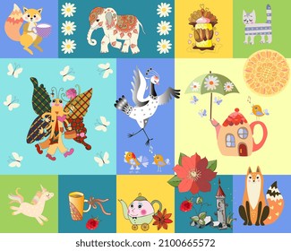 Patchwork pattern for kid with dancing crane, elephant, fairy-tale butterfly hurrying to date, flowers, cakes, teapots, cat, squirrel, unicorn. Endless print for fabric. Carpet, pillowcase, wallpaper.