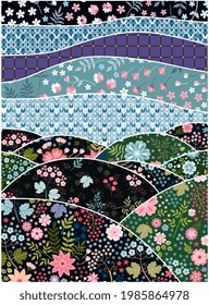 Patchwork pattern with landscape from patches with flowers. Cute composition for panno.
