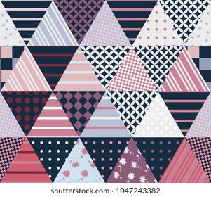 Patchwork pattern from patches in shape of triangles with abstract ornament in vector.