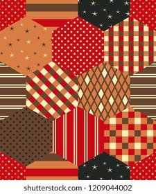 Patchwork pattern in red, orange and brown colors. Seamless quilt design from hexagon patches. 