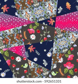 Patchwork pattern with roses, daisies, birds, berries, polka dot print. Vector illustration.