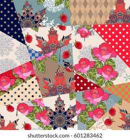 Patchwork pattern with roses, ornamental maple leaves, berries, polka dot prints. Floral quilt design. Beautiful vector illustration.