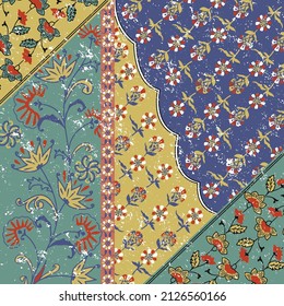 Patchwork pattern. Stylized flowers. Indian, arabic, moroccan motives. autumn Ethnic print for fabric.Patchwork pattern with flowers, mandalas and ornamental frame. Vintage decorative elements.