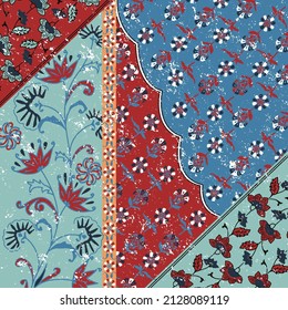 Patchwork pattern. Stylized flowers. Indian, arabic, moroccan motives. bright summer Ethnic print for fabric.Patchwork pattern with flowers, mandalas and ornamental frame. Vintage decorative elements.