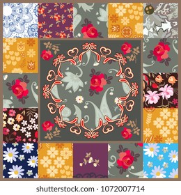 Patchwork pattern with stylized mandala and patchs with various flowers. Pillowcase, scarf, rug, greeting or invitation card. Vector summer design.