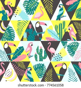 Patchwork pattern with tropical birds. Vector illustration
