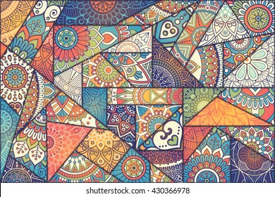 Patchwork pattern. Vintage decorative elements. Hand drawn background. Islam, Arabic, Indian, ottoman motifs. Perfect for printing on fabric or paper.