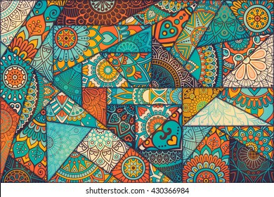 Patchwork pattern. Vintage decorative elements. Hand drawn background. Islam, Arabic, Indian, ottoman motifs. Perfect for printing on fabric or paper.