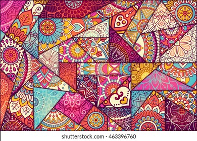 Patchwork pattern. Vintage decorative elements. Hand drawn background. Islam, Arabic, Indian, ottoman motifs. Perfect for printing on fabric or paper.