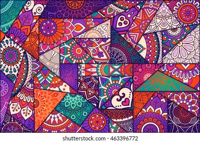 Patchwork pattern. Vintage decorative elements. Hand drawn background. Islam, Arabic, Indian, ottoman motifs. Perfect for printing on fabric or paper.