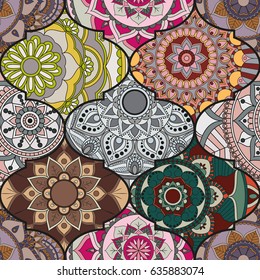 Patchwork pattern. Vintage decorative elements. Hand drawn background. Islam, Arabic, Indian, ottoman motifs. Perfect for printing on fabric or paper.