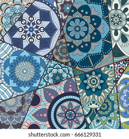 Patchwork pattern. Vintage decorative elements. Hand drawn background. Islam, Arabic, Indian, ottoman motifs. Perfect for printing on fabric or paper.