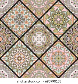 Patchwork pattern. Vintage decorative elements. Hand drawn background. Islam, Arabic, Indian, ottoman motifs. Perfect for printing on fabric or paper.