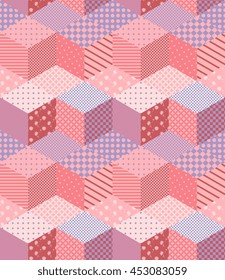 Patchwork in pink and lilac tones with floral and geometric patches. Colorful seamless pattern. Vector illustration of quilt.