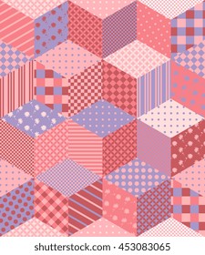 Patchwork in pink and lilac tones with floral and geometric patches. Colorful seamless pattern. Vector illustration of quilt.