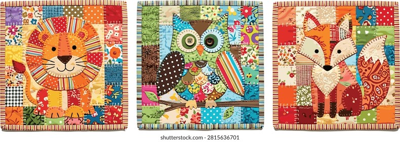 Patchwork quilt blanket blocks set featuring stitched fabric wild lion wise owl and woodland fox animal patterns vector craft illustration.