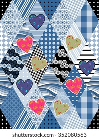 Patchwork quilt with hearts and rhombuses. Seamless pattern. Vector illustration.