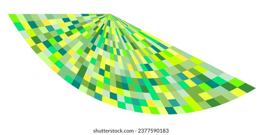 Patchwork quilt made of green cells. Quilted fabric. Square fields from bird's eye view autumn harvest. Checkered background with distorted squares Distortion chess pattern. Chessboard surface flag
