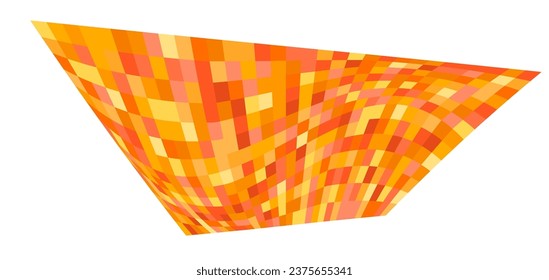 Patchwork quilt made of orange cells. Quilted fabric. Square fields from bird's eye view autumn harvest. Checkered background with distorted squares Distortion chess pattern. Chessboard surface flag