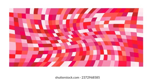 Patchwork quilt made of red cells. Quilted fabric. Square fields from bird's eye view autumn harvest. Checkered background with distorted squares Distortion chess pattern. Chessboard surface flag