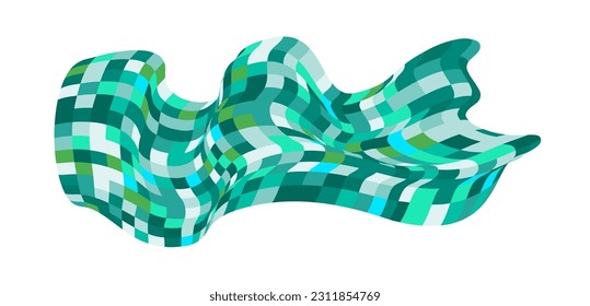 Patchwork quilt made of turquoise cells. Quilted fabric. Square fields from bird's eye view autumn harvest Checkered background with distorted squares Distortion chess pattern. Chessboard surface flag