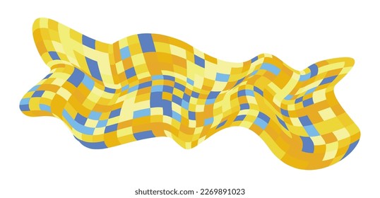 Patchwork quilt made of yellow cells. Quilted fabric. Square fields from bird's eye view autumn harvest. Checkered background with distorted squares. Distortion chess pattern. Chessboard surface flag