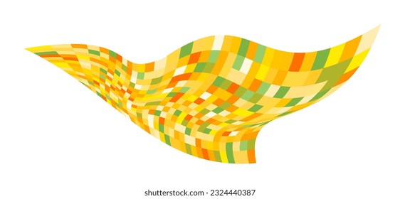 Patchwork quilt made of yellow cells. Quilted fabric. Square fields from bird's eye view autumn harvest. Checkered background with distorted squares Distortion chess pattern. Chessboard surface flag