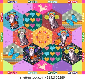 Patchwork quilt, plaid, baby carpet with cats in fashionable hats, flowers, sun, big blue butterflies, unicorns and "Meow" inscriptions around the perimeter.