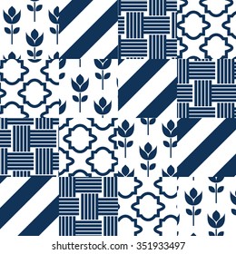 Patchwork quilt vector pattern tiles. Dark turquoise and white square indian textile fabric prints. Seamless blue classic patch ceramic tile design.