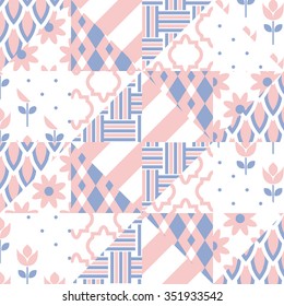 Patchwork quilt vector pattern tiles. Rose quartz and serenity violet color square and triangle tiles. Trendy colors of 2016. Chevron, tulip and twist set.