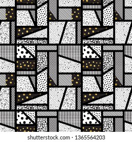 Patchwork of rectangles-vector illustration. Different texture, geometric, lines, numbers, notes point dots.