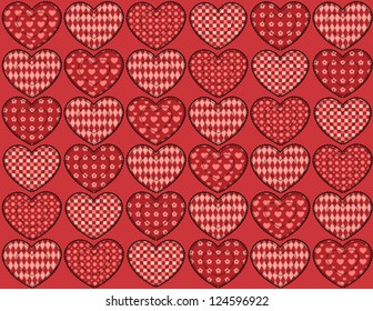 Patchwork red hearts seamless pattern. Vector background.